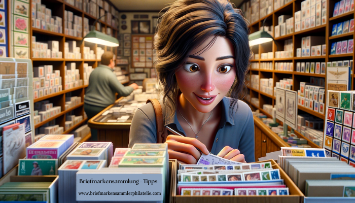 Realistisches, breites Bild im Pixar-Stil, das sich auf eine Nahaufnahme einer attraktiven 28-jährigen Frau konzentriert, die in einem Briefmarkengeschäft Briefmarken kauft. Sie strahlt Aufregung und Eifer aus und beginnt ihre Reise ins Briefmarkensammeln mit großem Enthusiasmus. Das Geschäft ist detailliert gestaltet und mit verschiedenen Briefmarken und philatelistischem Material gefüllt, was eine lebendige und ansprechende Atmosphäre schafft. Der Gesichtsausdruck der Frau und die Details der Umgebung vermitteln ihre Leidenschaft für ihr neues Hobby. Die URL "https://www.briefmarkensammlerphilatelie.com/" ist auf subtile Weise in die Szene integriert, vielleicht auf einem Ladenschild oder einer Quittung.