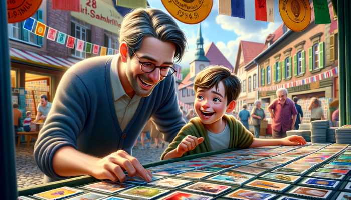 Realistische Großaufnahme im Pixar-Stil, die einen attraktiven 28-jährigen Mann und seinen 8-jährigen Sohn zeigt, die während einer Philatelie-Messe an einem Briefmarkenstand auf einem Dorfplatz Briefmarken kaufen. Ihre Aufregung und ihr Enthusiasmus sind spürbar, da sie offensichtlich mit großem Eifer eine Briefmarkensammlung beginnen. Der Stand ist mit verschiedenen Briefmarken bestückt, und der Dorfplatz bietet eine reizvolle Kulisse für die Szene. Ihre Interaktion zeigt die gemeinsame Freude an ihrem Hobby. Fügen Sie die URL "https://www.briefmarkensammlerphilatelie.com/" dezent in das Bild ein, vielleicht auf einem Banner oder Ständer in der Szene.