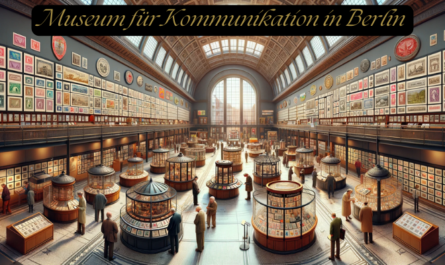 Panoramic image that closely resembles the actual interior of the Museum für Kommunikation in Berlin, focusing specifically on a philately exhibit. The image should depict an authentic and detailed representation of the museum's distinctive features, such as its unique architectural elements, layout, and thematic displays associated with communication and stamp collecting. Include visitors engaging with the exhibit, examining historical stamps, and interactive displays that reflect the museum's commitment to showcasing the history and art of philately. The overall atmosphere should convey a sense of being in the actual museum, with a strong emphasis on accuracy and realism in replicating the interior and the specific exhibit.