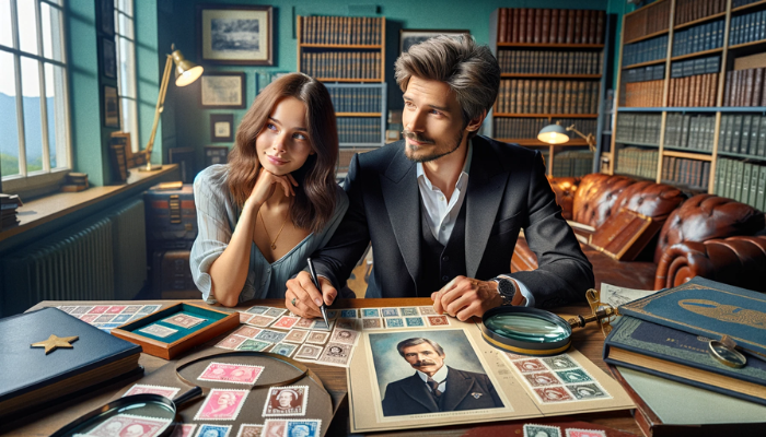 Panoramic aspect ratio image featuring an attractive couple with German features, both around 36 years old, in the office of a stamp appraisal expert. The expert is assessing a stamp collection they've inherited due to the husband's father's passing. A photo of the recently deceased father is prominently displayed on the table. The office is filled with philatelic reference books, magnifying glasses, and stamp albums, suggesting a professional evaluation environment. The couple looks engaged and hopeful, understanding the value of their inheritance. Include the URL https://www.briefmarkensammlerphilatelie.com/ in the image, subtly integrated into the setting, perhaps on a document or in a frame on the wall, blending seamlessly with the scene's thoughtful and investigative atmosphere.